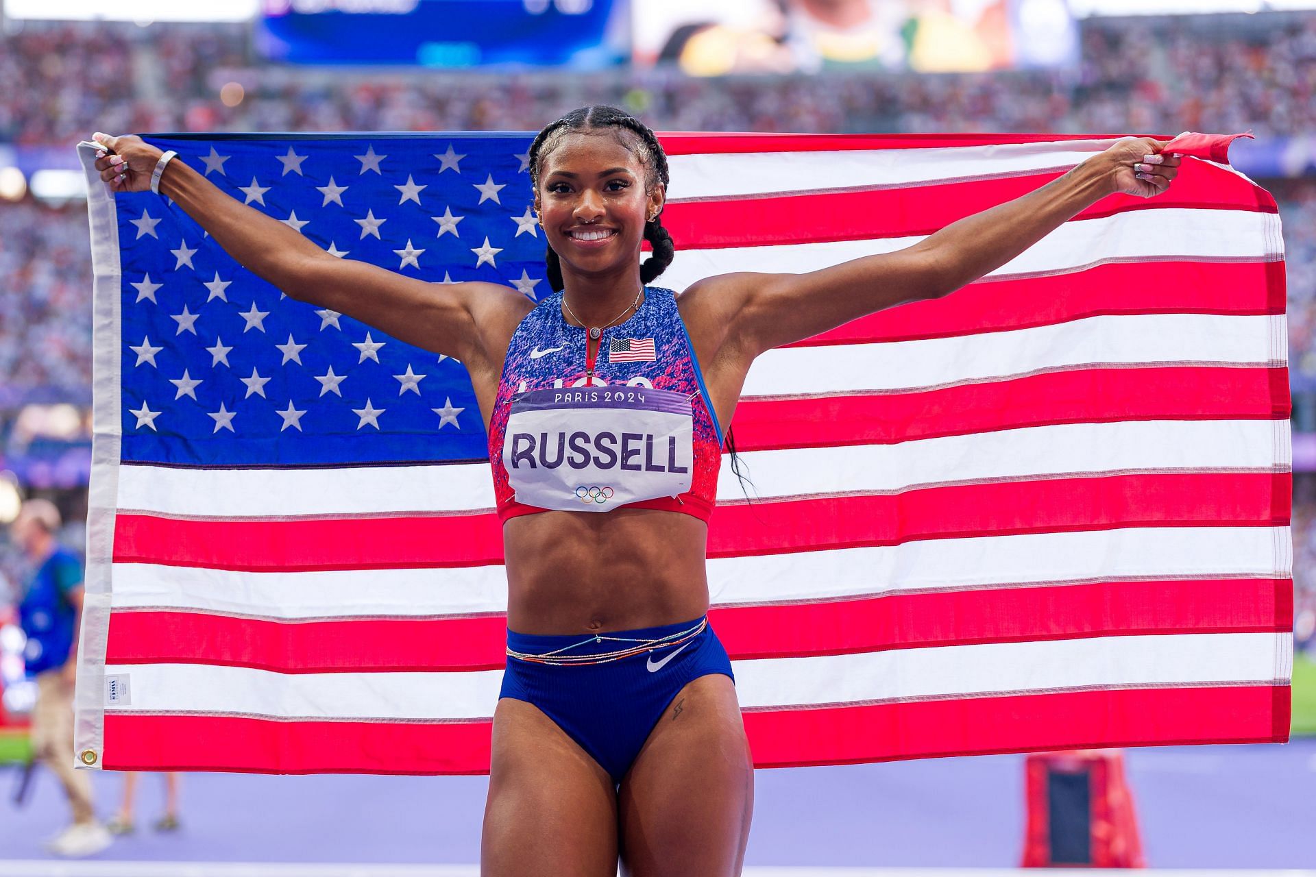 Athletics - Olympic Games Paris 2024: Masai Russell celebrates gold medal win ( Source: Getty)