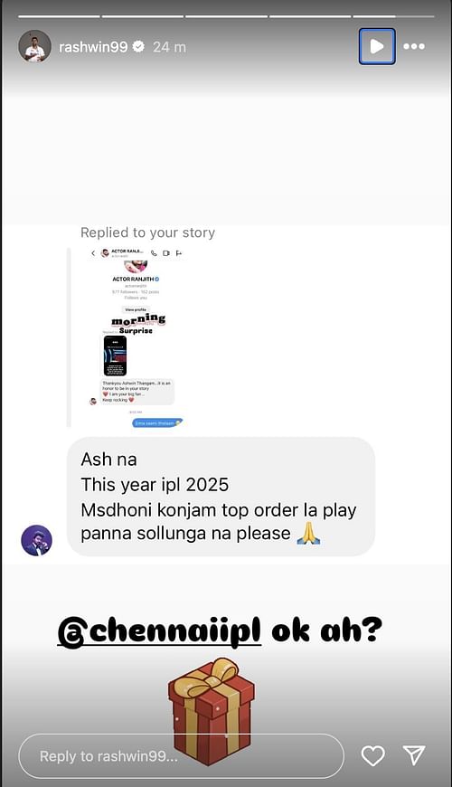 Ravichandran Ashwin tags CSK on his Instagram account. (Image Credit: Instagram/@rashwin99)