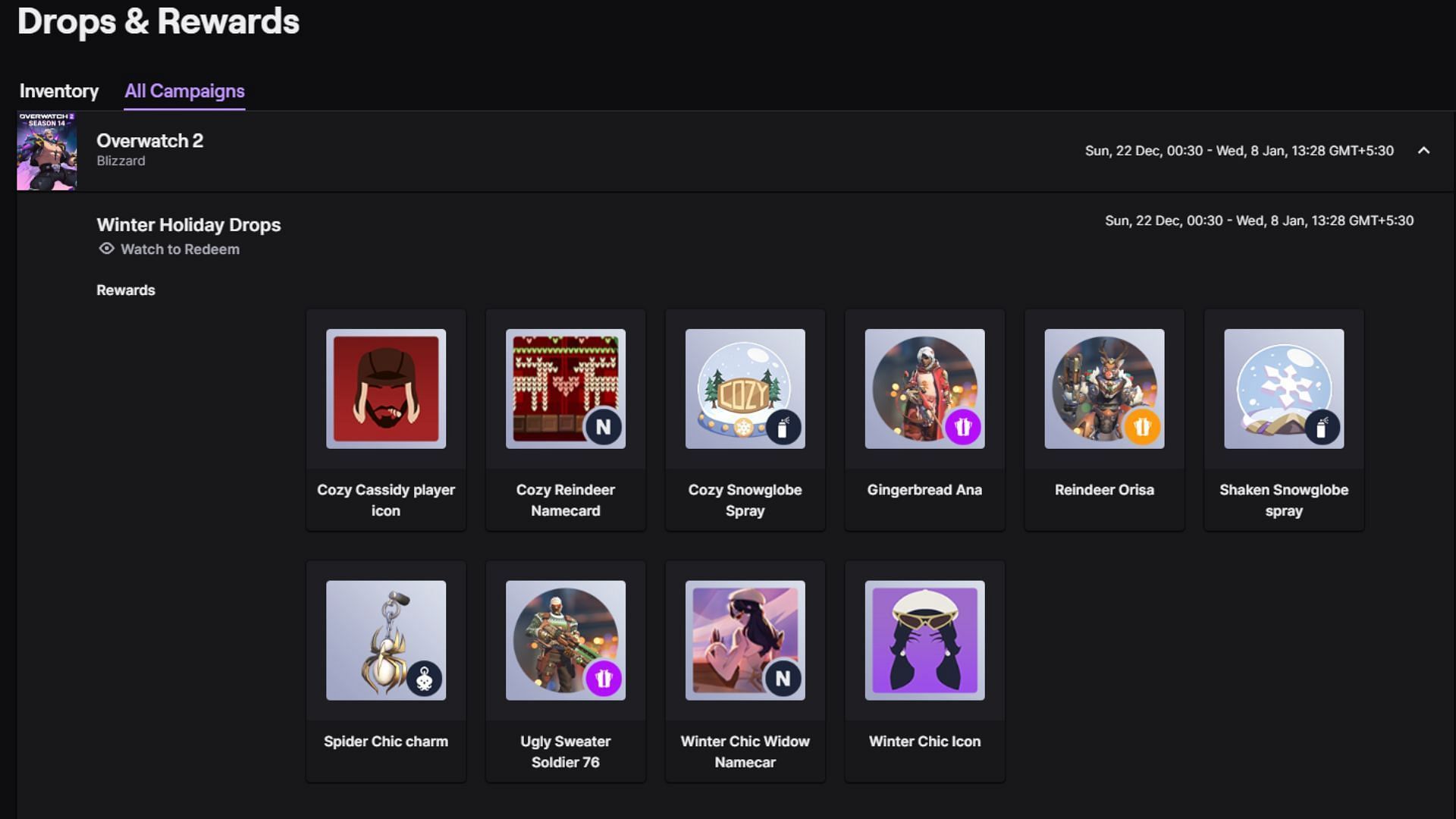 All OW2 Festive &quot;Winter Holiday&quot; Twitch Drops(Image via Twitch)