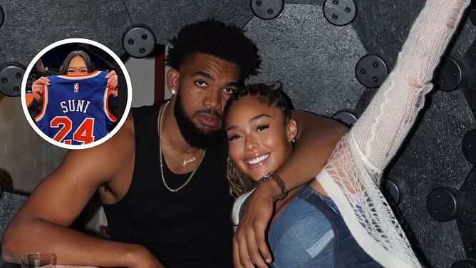 Karl-Anthony Towns' gf Jordyn Woods reacts in 2 words as Suni Lee poses with custom signed Knicks jersey