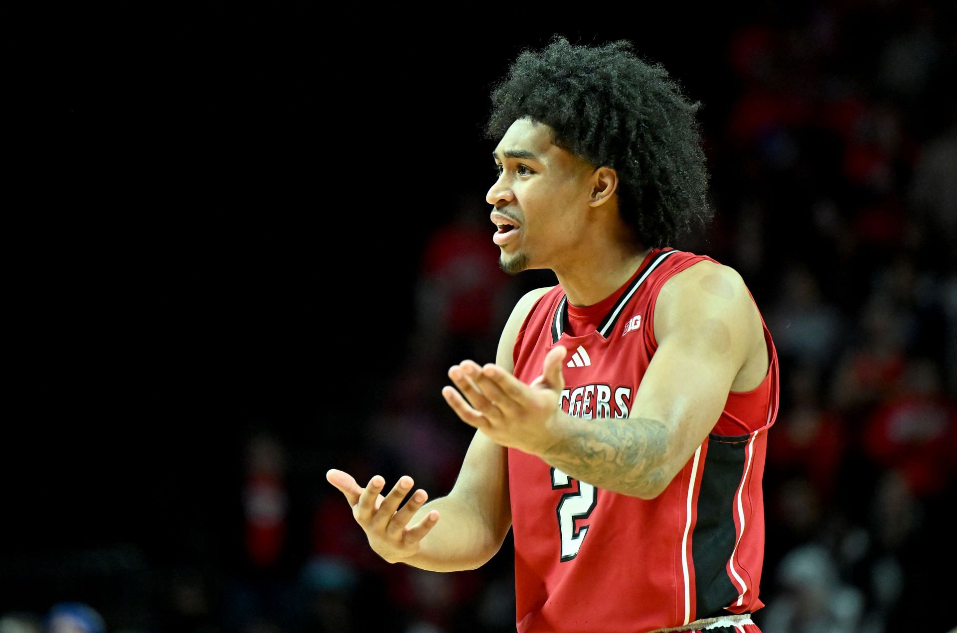 Dylan Harper (#2) of the Rutgers Scarlet Knights reacts to a call during their NCAA basketball game against the Seton Hall Pirates in the Garden State Hardwood Classic at Jersey Mike&#039;s Arena on December 14, 2024 in Piscataway, New Jersey. Photo: Getty