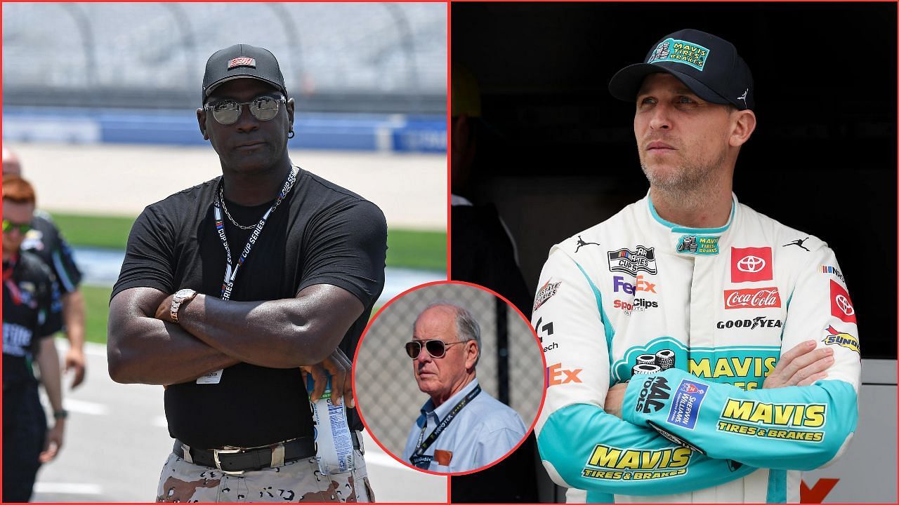 In Picture: Michael Jordan and Denny Hamlin, co-owners 23XI Racing (L-R). Jim France, CEO of NASCAR.