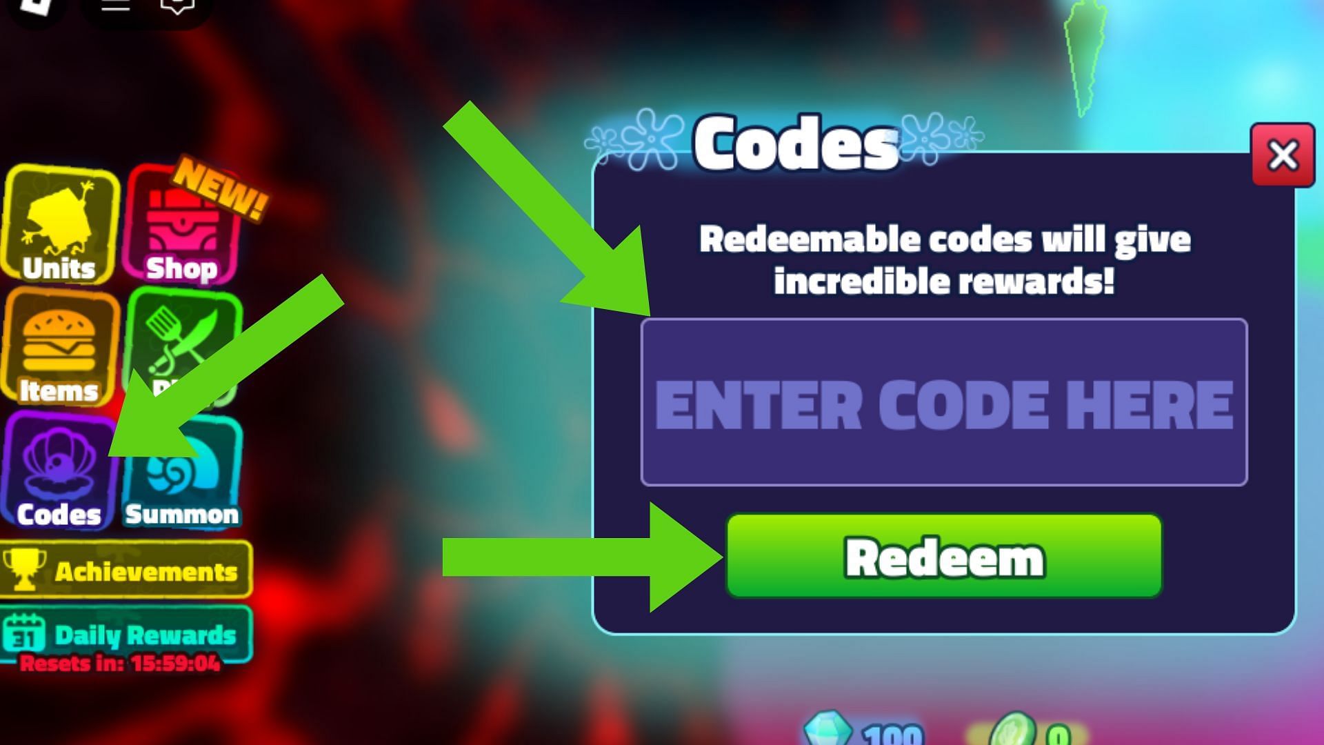 Follow the steps outlined below to activate the codes in SpongeBob Tower Defense (Image via Roblox)