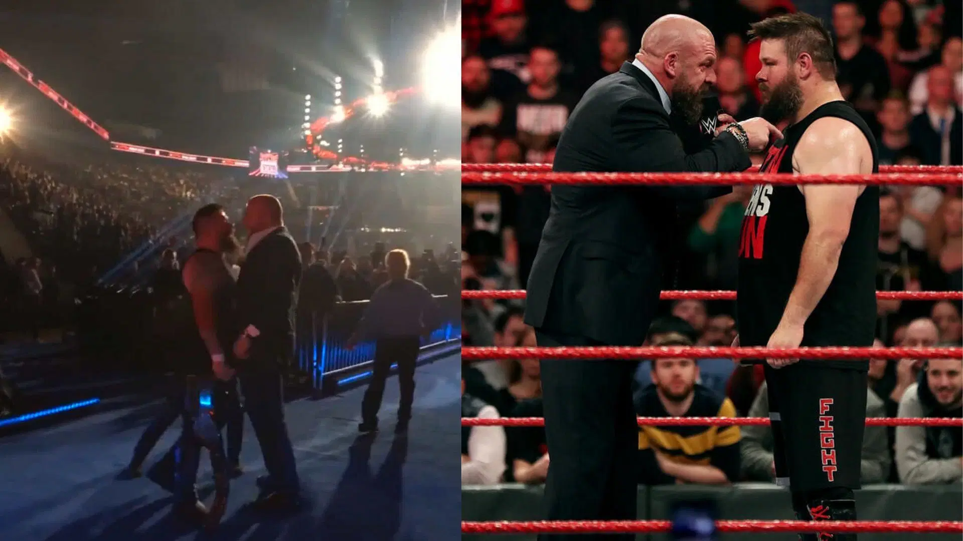 Kevin Owens was confronted by Triple H (Image Credits: WWE on X and WWE.com)