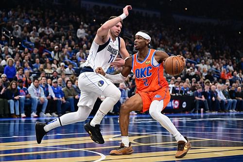 Shai Gilgeous-Alexander in action against the Dallas Mavericks during the NBA Cup knockouts