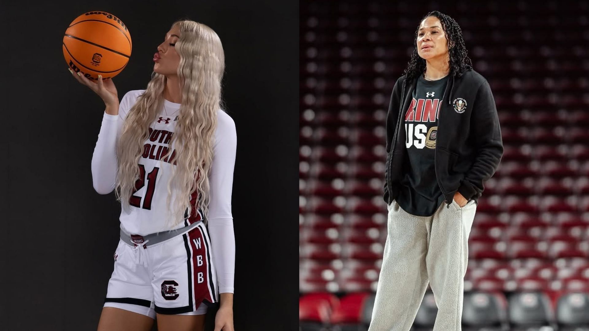 South Carolina star Chloe Kitts (left) and head coach Dawn Staley (right) | Image sources: Instagram page of Chloe Kitts (@chloe.kitts) and South Carolina Women