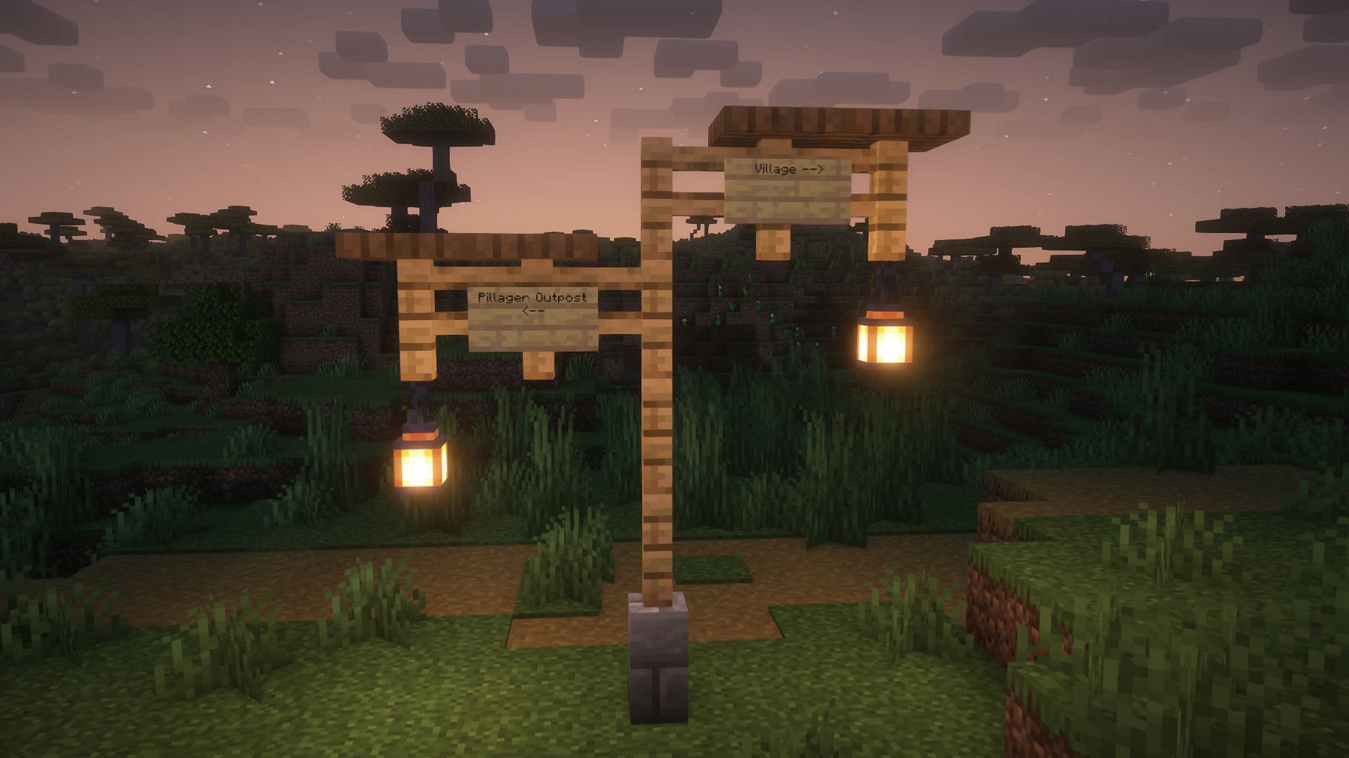 This lamp post can light up an area as well as become a direction signboard. (Image via Mojang Studios)