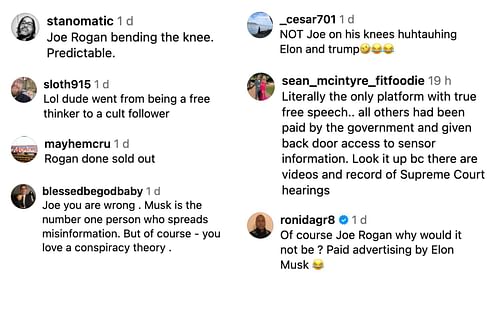 Fans react to Joe Rogan's recent comments praising X. [Screenshots courtesy: @worldstar via Instagram]