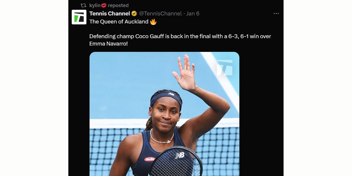 Kylin Sadler reshared Coco Gauff&#039;s achievement (Image: X @kylinsadler)