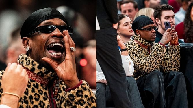 Travis Scott spotted courtside at Celtics-Cavs rocking $405 leopard print bomber jacket