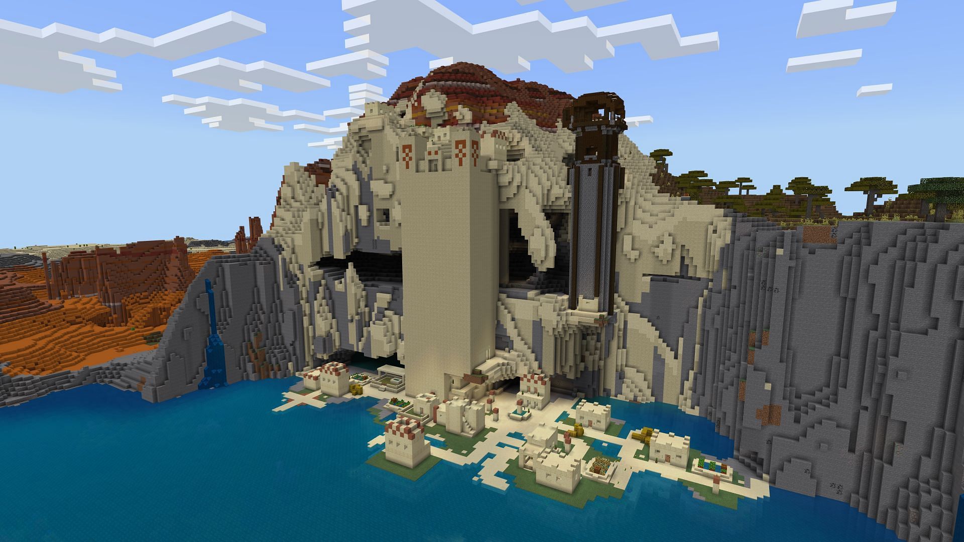 The massive structures and surrounding terrain make the Lost Empire rank among the best glitched Minecraft seeds (Image via Mojang Studios)