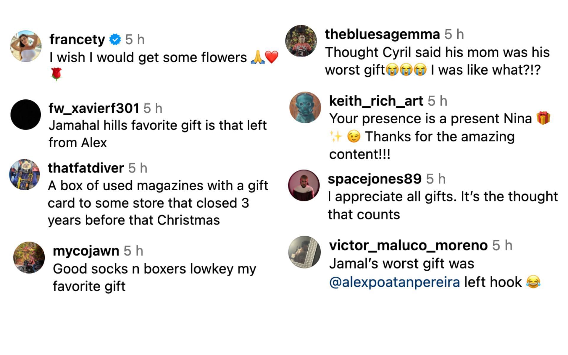 Fans react to UFC stars revealing their worst Christmas gifts. [Screenshot courtesy: @ninamariedaniele via Instagram]