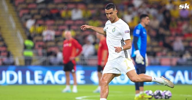 Cristiano Ronaldo hits the 'calma' celebration after scoring in Al-Nassr's SPL clash against Al-Ittihad