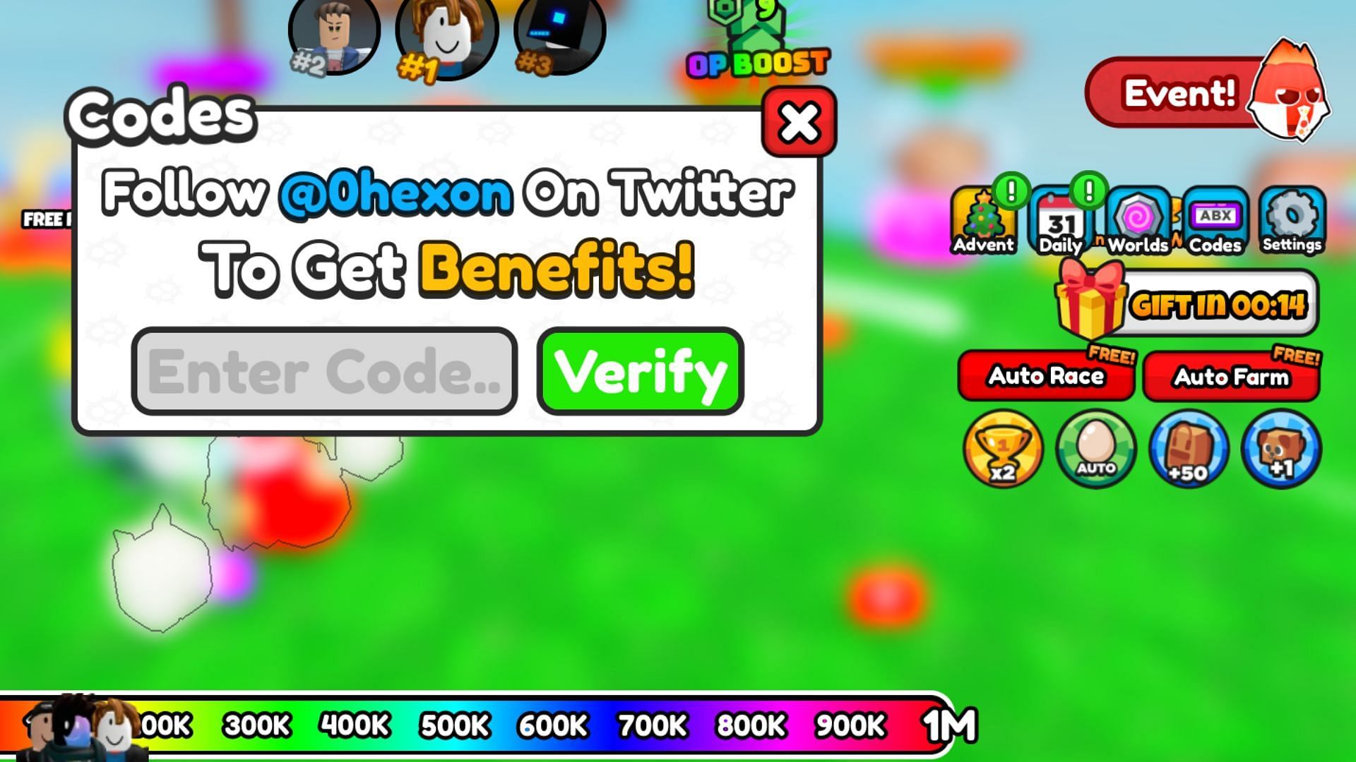 Redeem codes in YouTube Race Simulator (Image via Roblox)