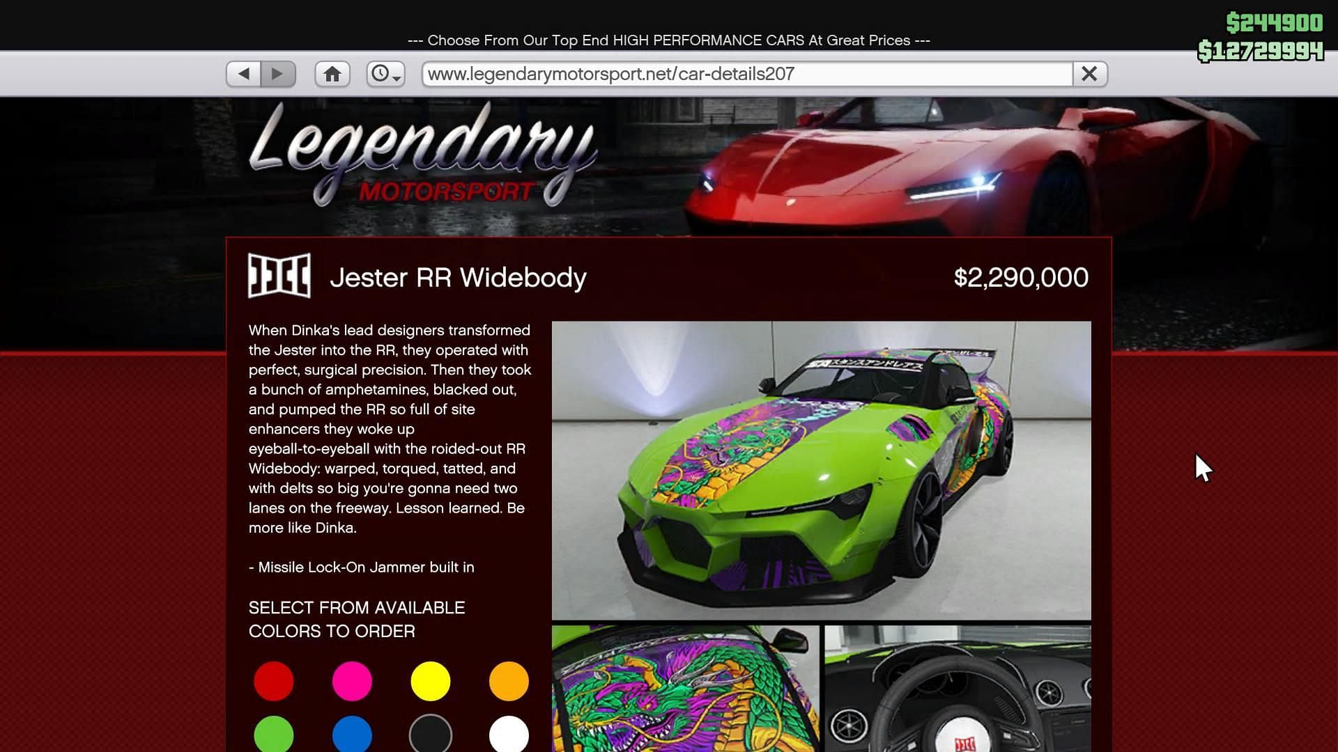 Jester RR Widebody&#039;s page on Legendary Motorsport (Image via Rockstar Games)