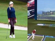 Paige Spiranac reacts to Tiger Woods' practice at the TGL Simulator