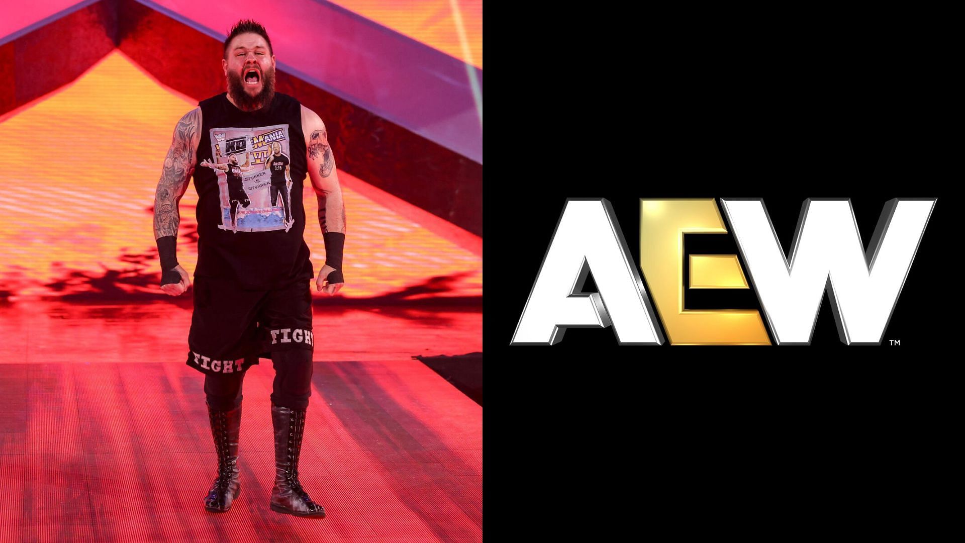 Kevin Owens (left) and AEW logo (right). (Image credits: wwe.com &amp; AEW Facebook page)