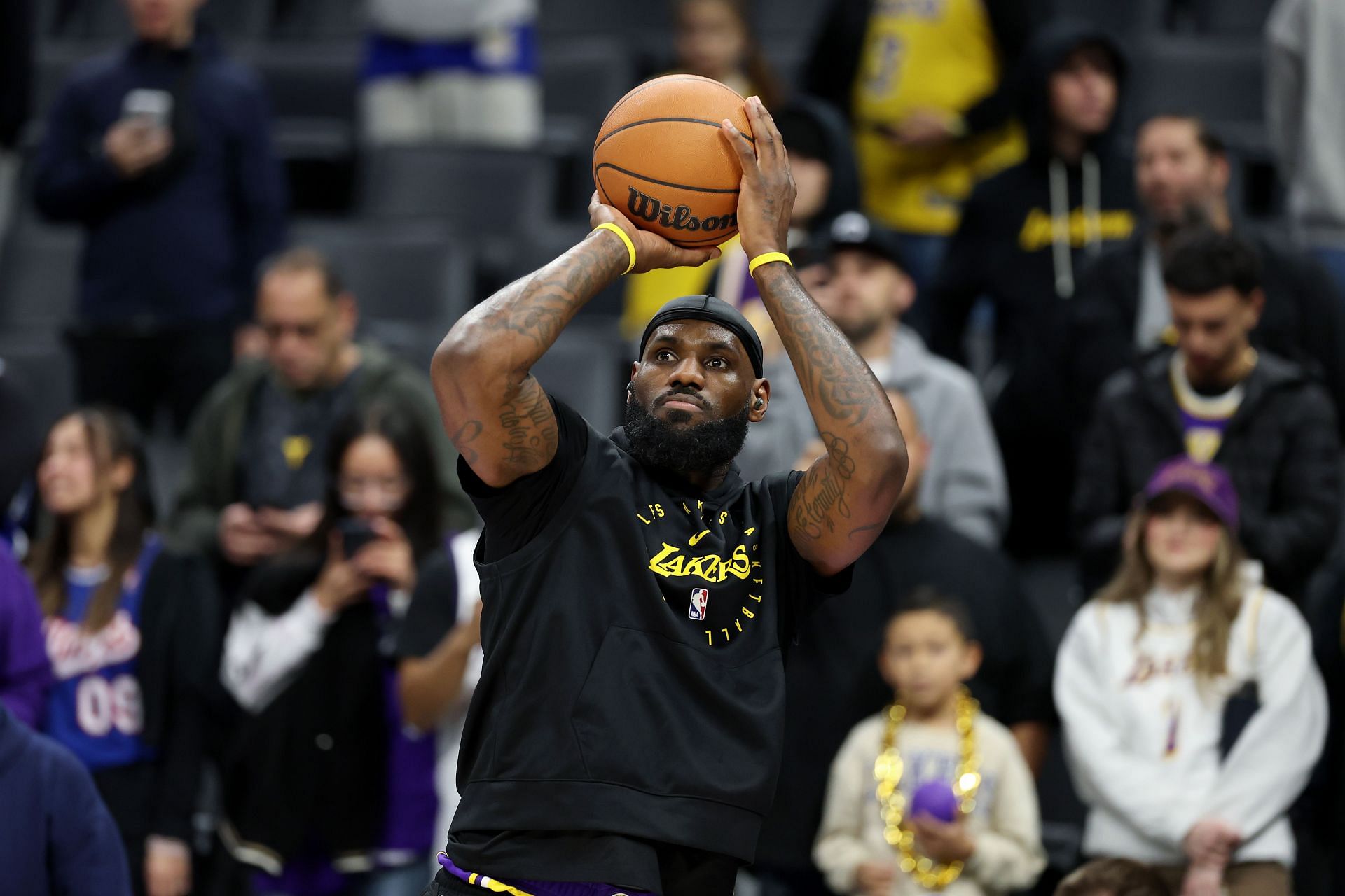 LeBron James warms up before an NBA game for the Los Angeles Lakers. (Credits: Getty)