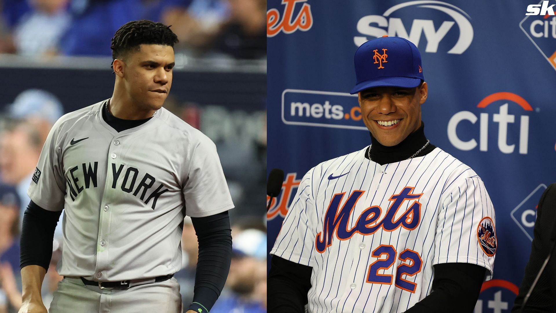 Juan Soto of the New York Mets sits at the dias during his introductory press conference at Citi Field (Source: Getty)