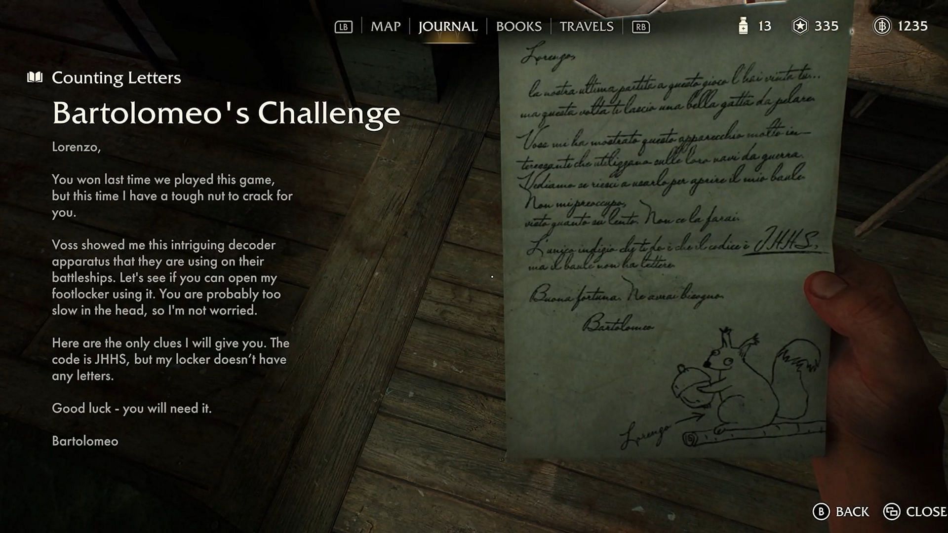 Bartolomeo&#039;s challenge lists the term &quot;JHHS&quot; (Image via Bethesda || YouTube/@SomewhatAwesomeGames)