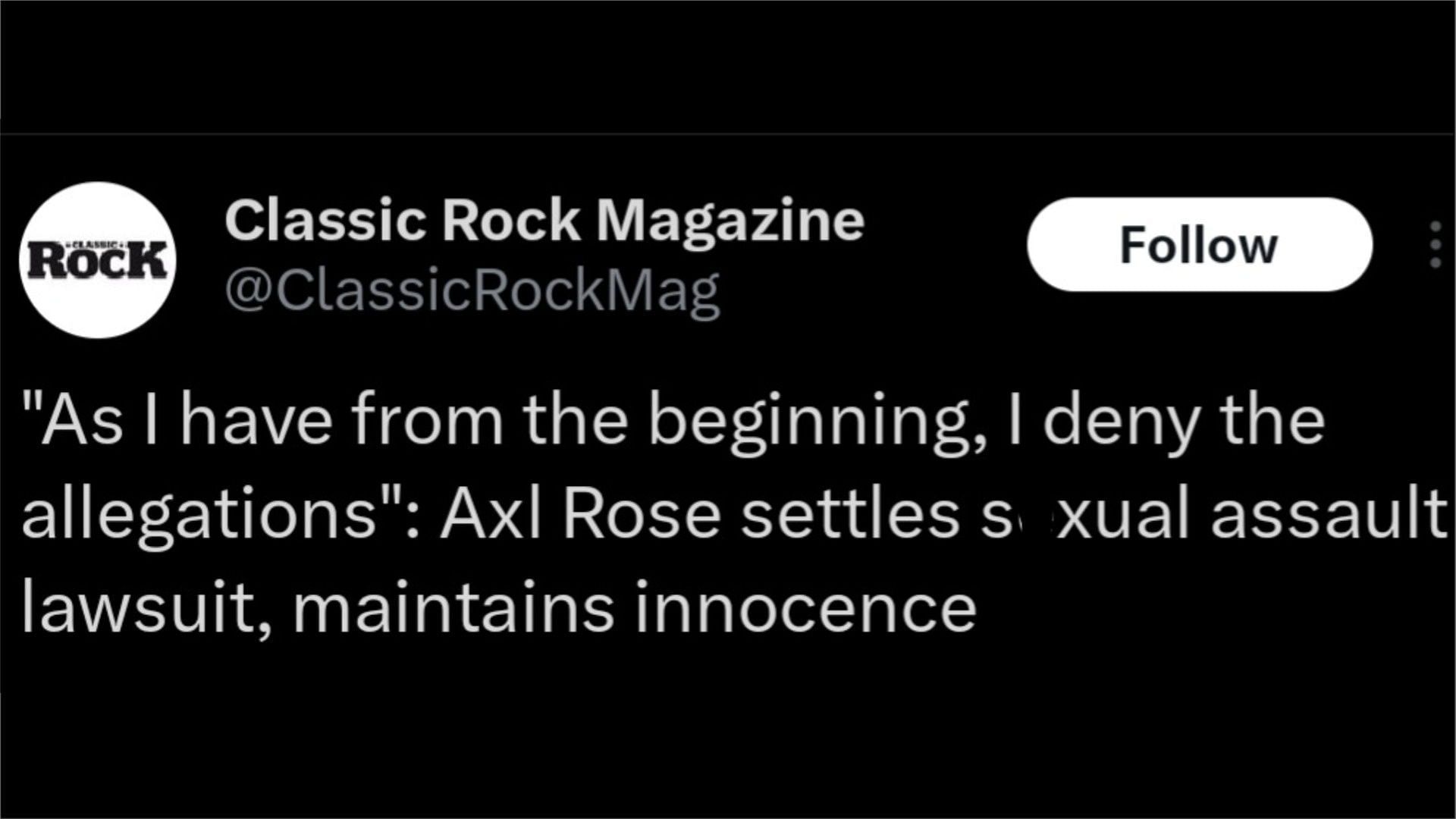 Lawsuit against Axl Rose got settled, (Photo via @ClassicRockMag/X)