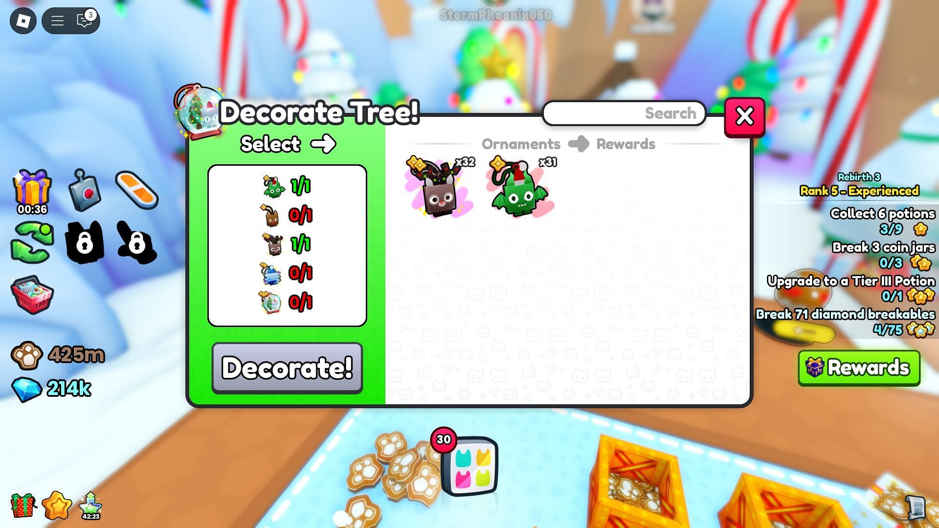 You can obtain different items to decorate the tree (Image via Roblox)