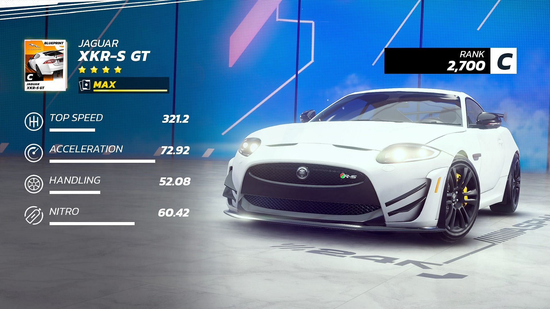 The Jaguar XKR-S GT is a Class C Asphalt Unite Festival Fury season car (Image via Gameloft SE)