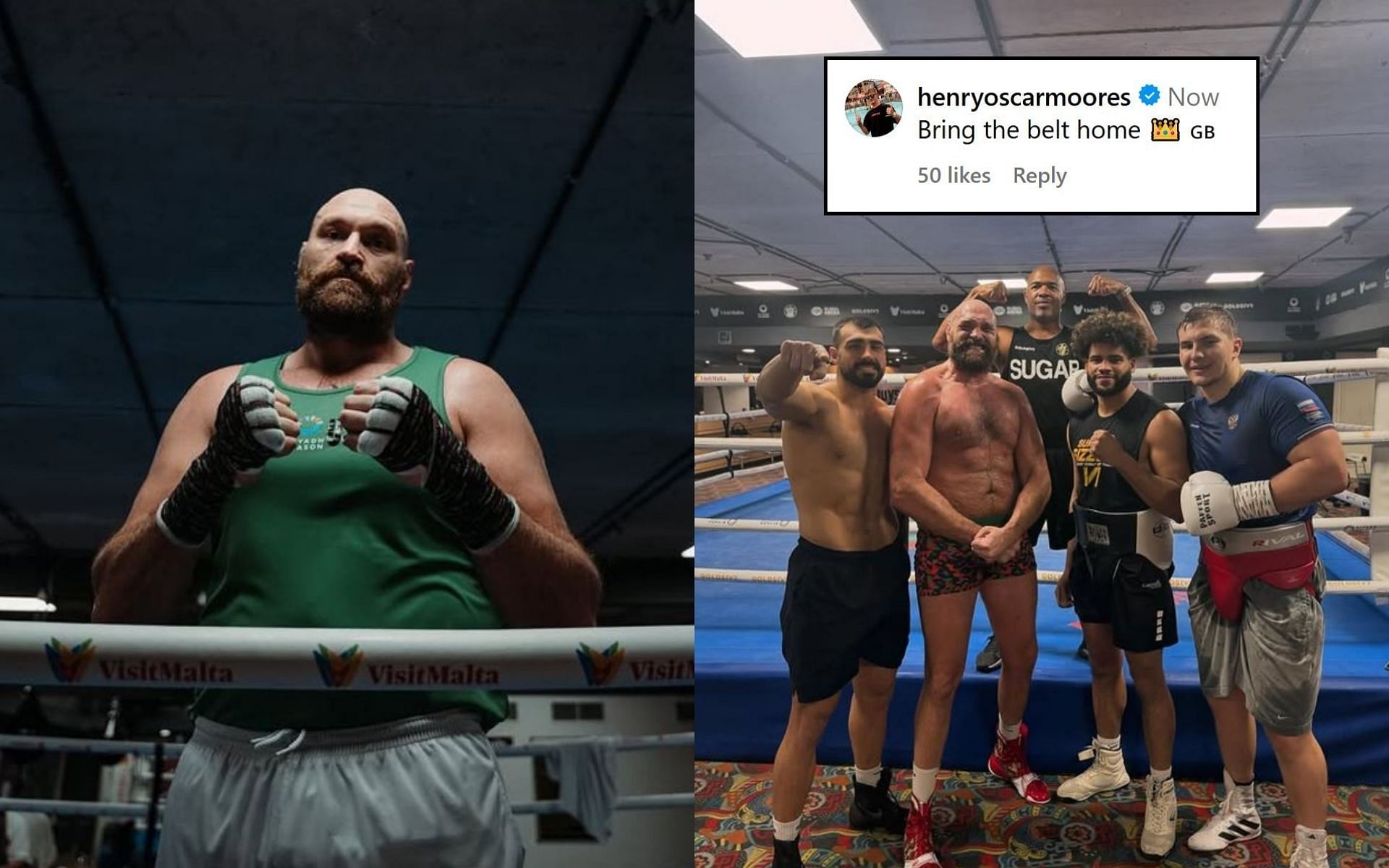 Fans react (insert) to Tyson Fury (left) and his team in the gym (right). [Image credit: @tysonfury on Instagram]