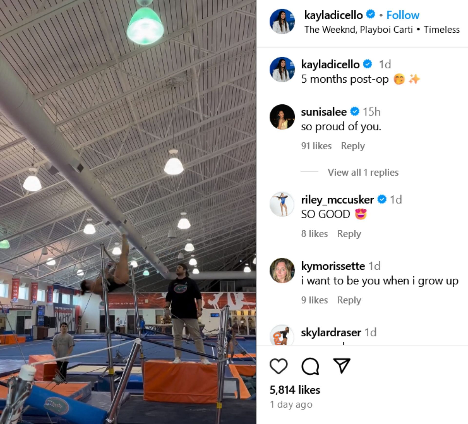 Screenshot of Suni Lee&rsquo;s comment on Kayla DiCello&rsquo;s Instagram post. Credits - IG/ @kayladicello