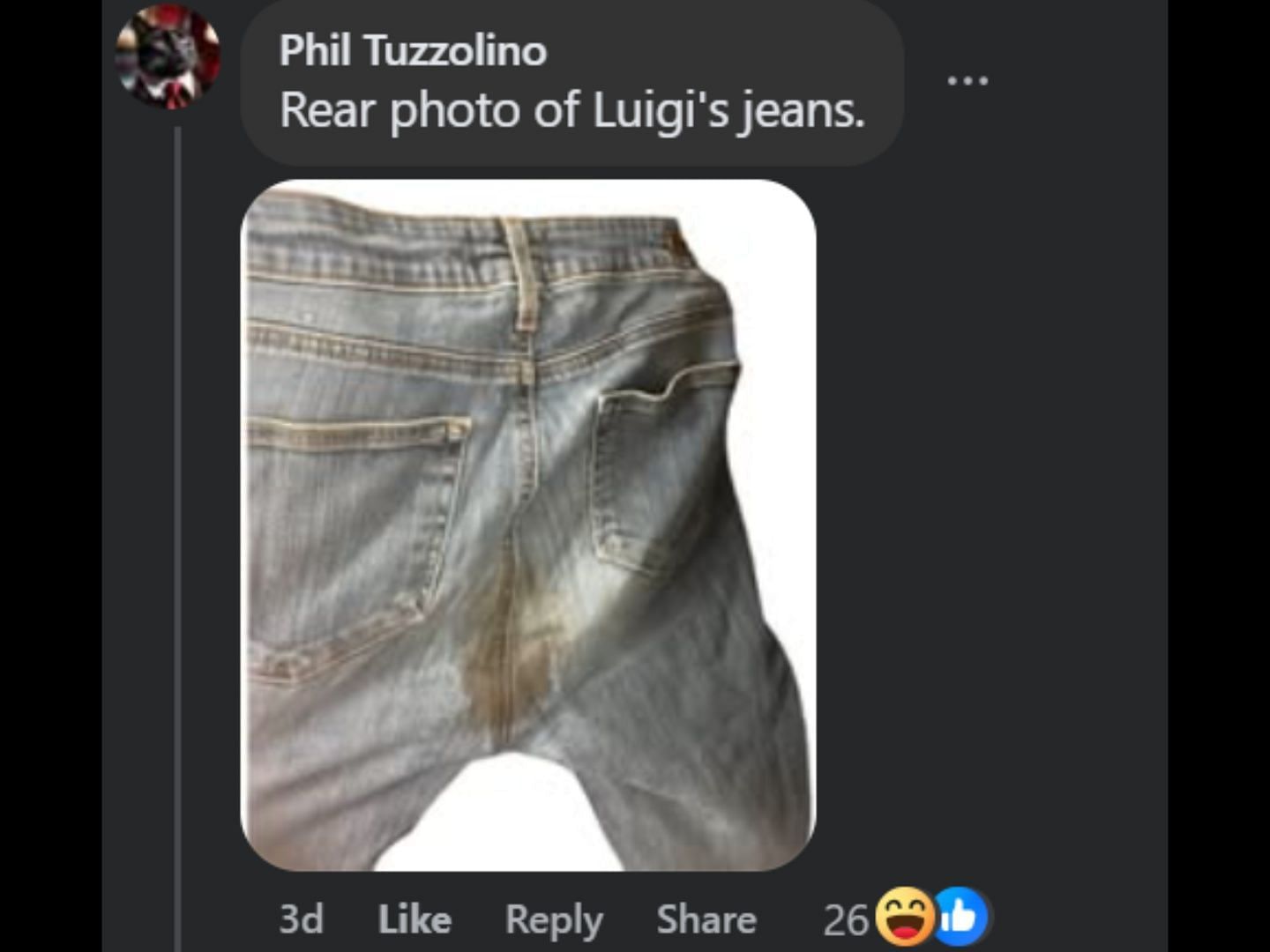 Netizens comment on Luigi&#039;s photo in seemingly soiled denim. (Image via Facebook/Grandmas sew sweet designs)