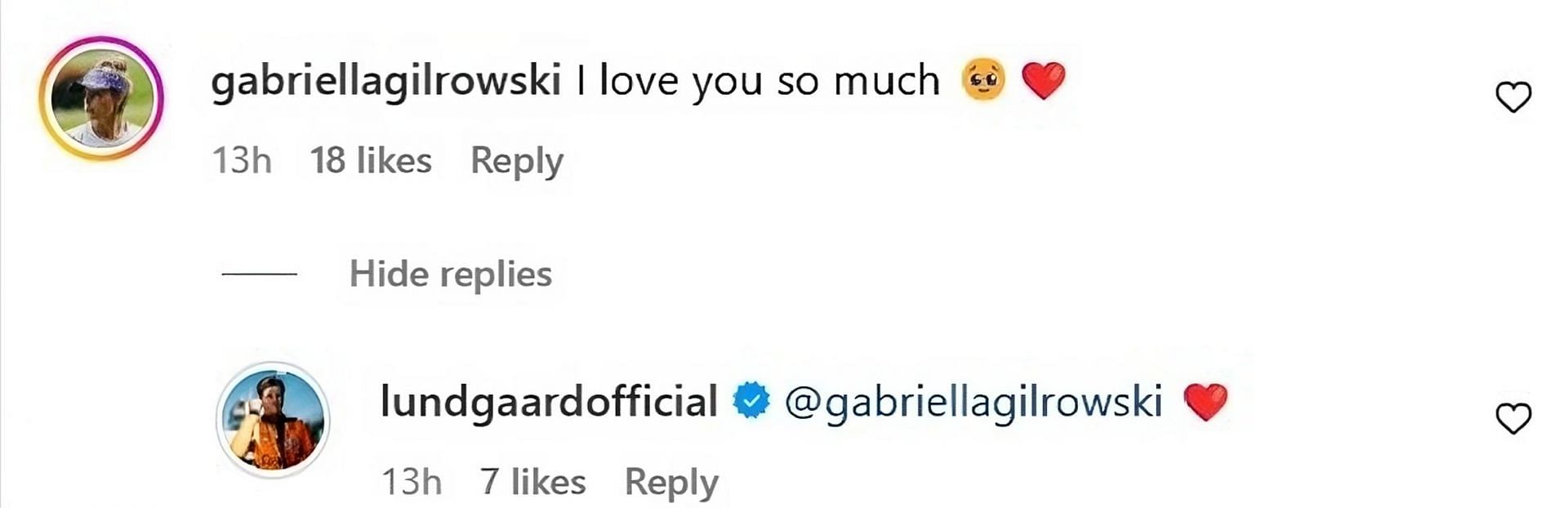 Gabriella Gilrowski&#039;s comment on boyfriend Christian Lundgaard&#039;s Instagram post (@lundgaardofficial)