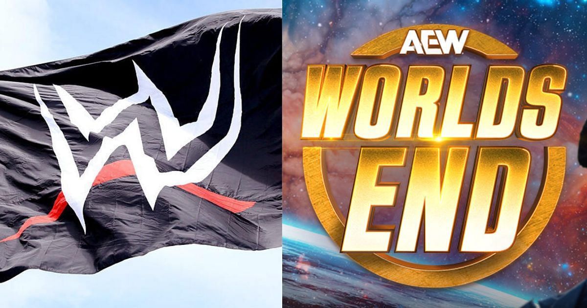 WWE flag and AEW Worlds End logo [Source: WWE website and AEW on X]