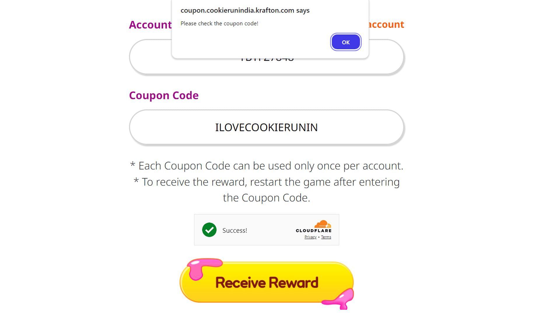CookieRun India invalid code error message (Image via Devsisters)