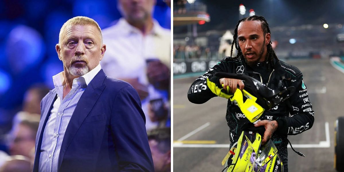 Boris Becker (L) congartulates Lewis Hamilton (R) as the Brit ends his F1 collaboration with Mercedes, (Source: Getty Images)