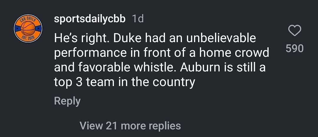 Fan comments on Charles Barkley's thoughts on the Duke vs Auburn game via Instagram. (Instagram)