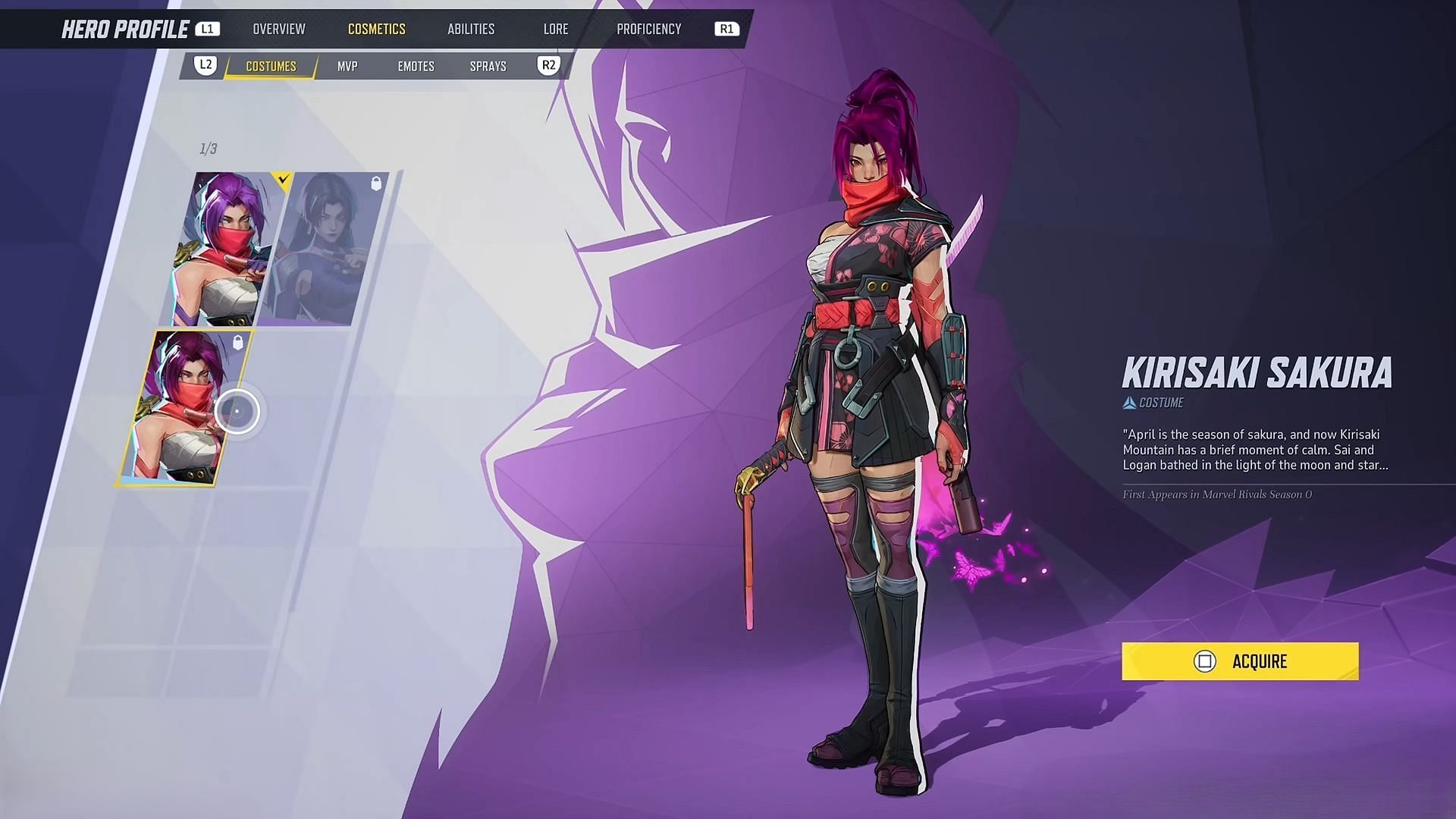 Kirisaki Sakura from season 0 in all Marvel Rivals Psylocke skins (Image via NetEase Games)