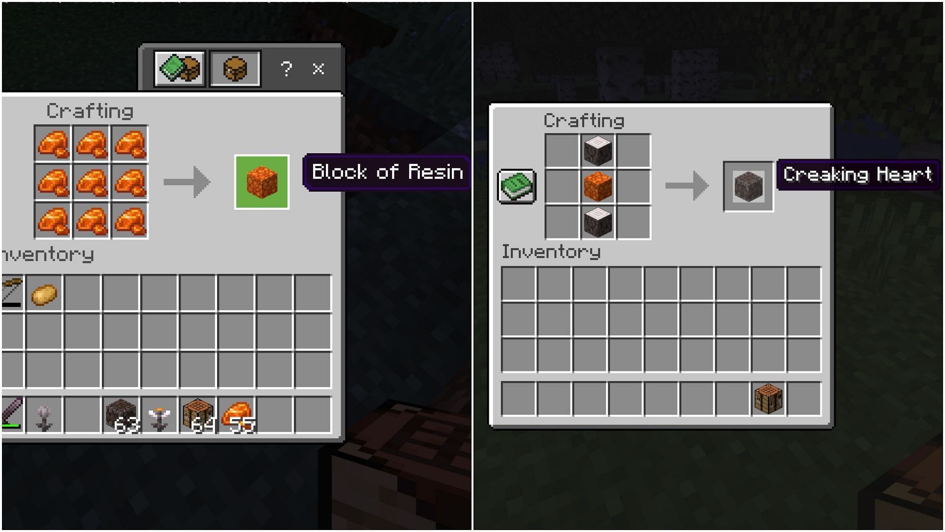 Resin clumps crafts into a block of resin, which can be crafted into a creaking heart block (Image via Mojang Studios)