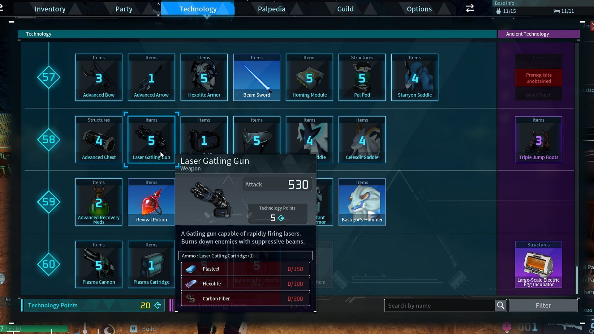 Unlock the Laser Gatling Gun at Level 58 in the Technology tab (Image via Pocketpair)