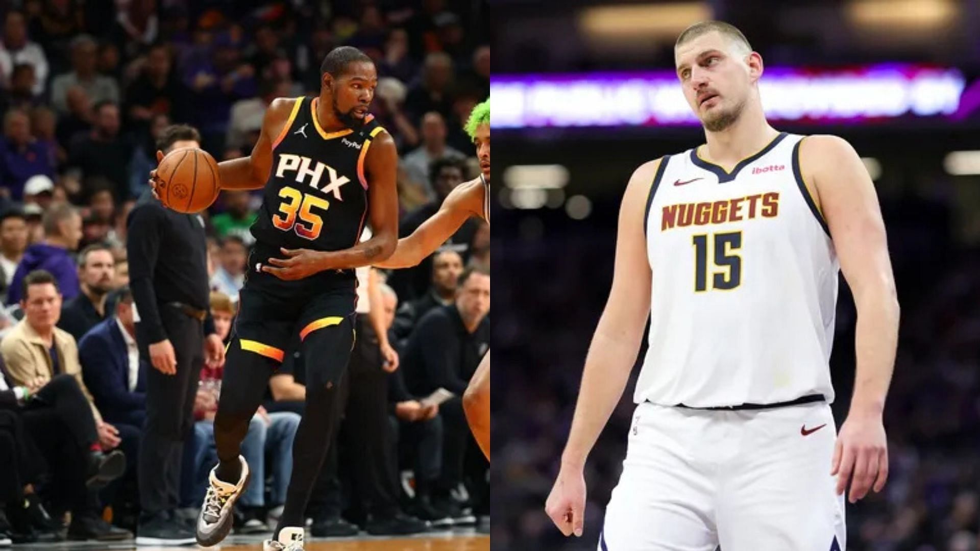 Phoenix Suns forward Kevin Durant, Denver Nuggets center Nikola Jokic. Photo Credits: Imagn