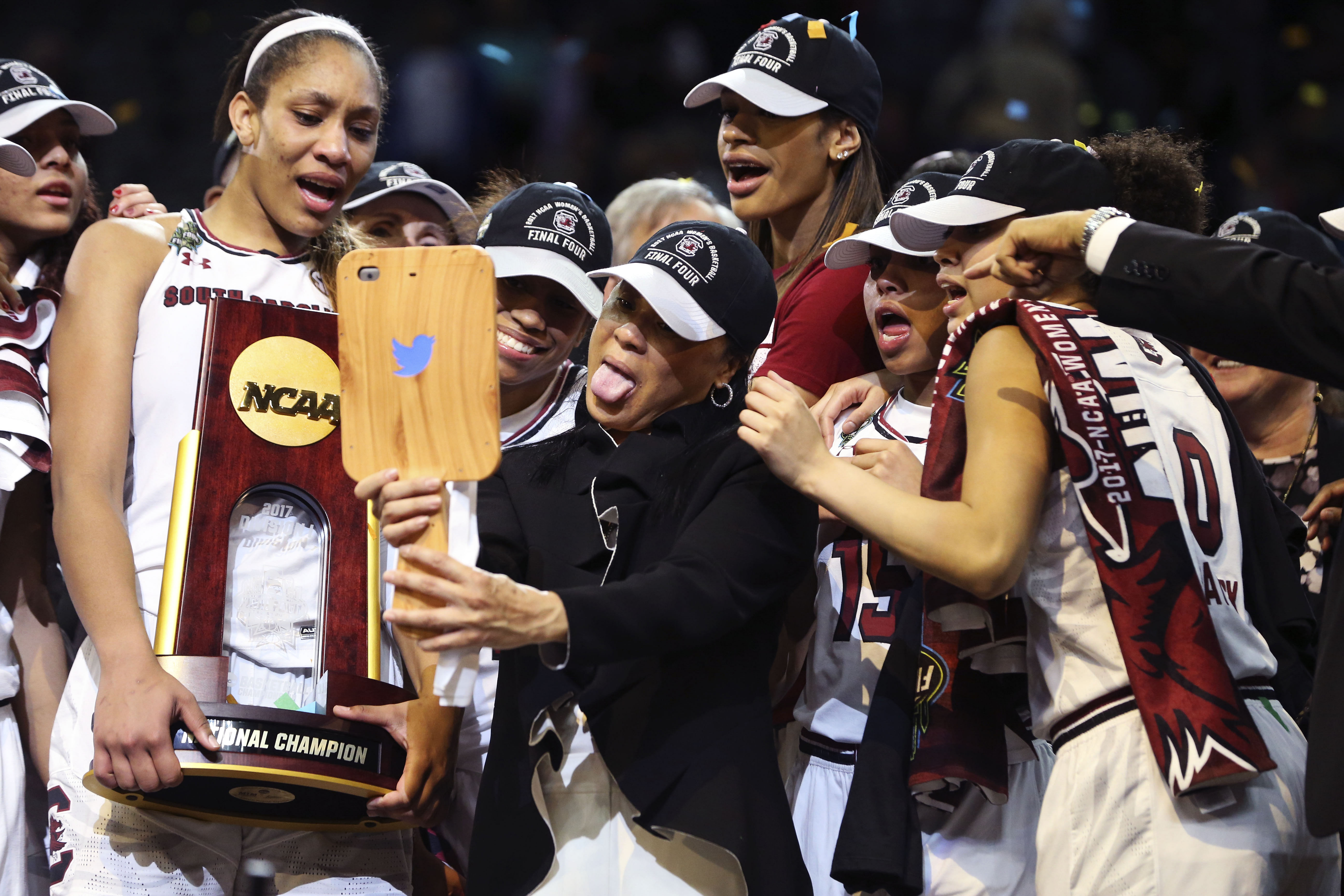 Dawn Staley, A'ja Wilson, and the South Carolina Gamecocks celebrate their 2016-17 NCAA championship win vs Mississippi State (NCAA Women's Basketball: Women's Final Four-Mississippi State vs South Carolina - Source: Imagn)