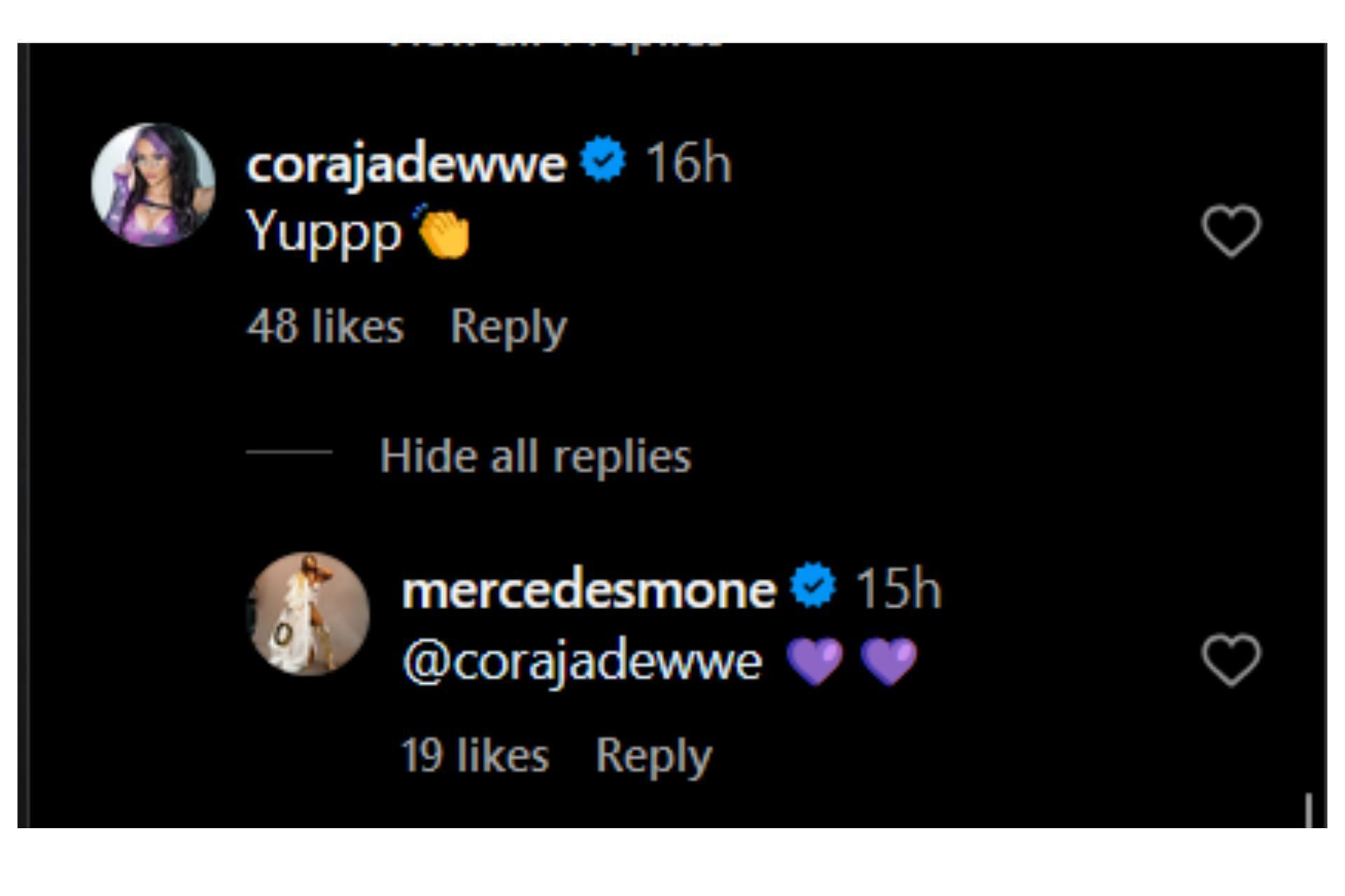 The exchange between Mercedes and Cora. (Image source: Instagram)