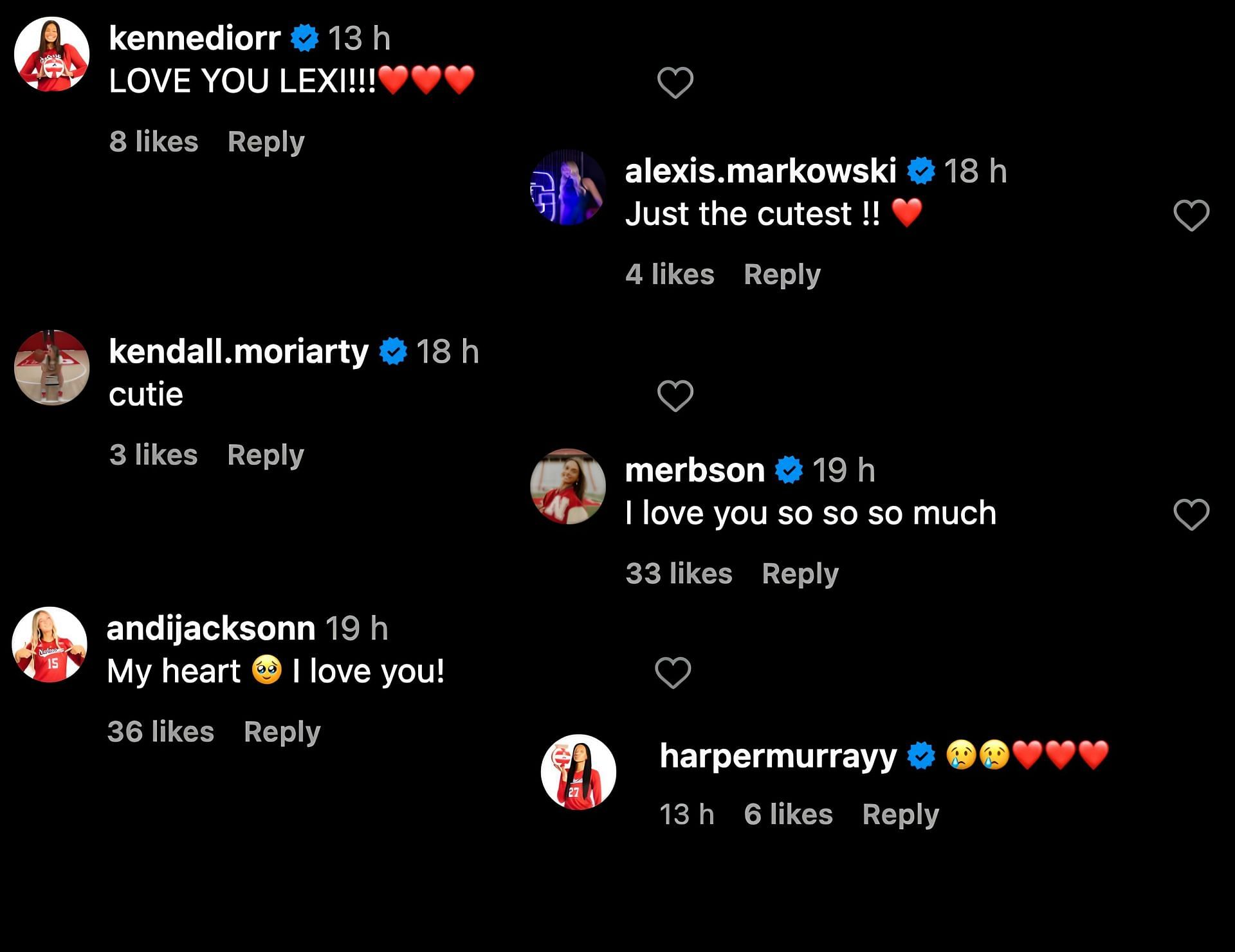 Screenshot of athletes&#039; comments on Lexi Rodriguez&#039;s post/ Source: Instagram @lexi.rodriguez__