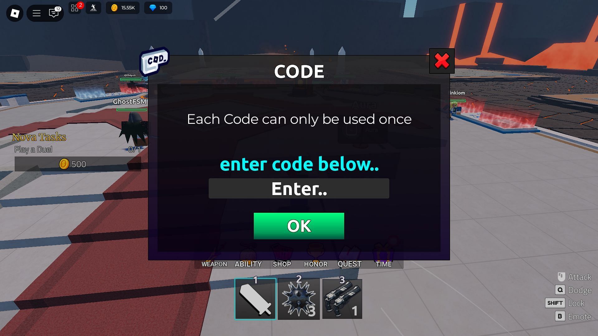 Codebox in Duel Warriors (Image via Roblox)