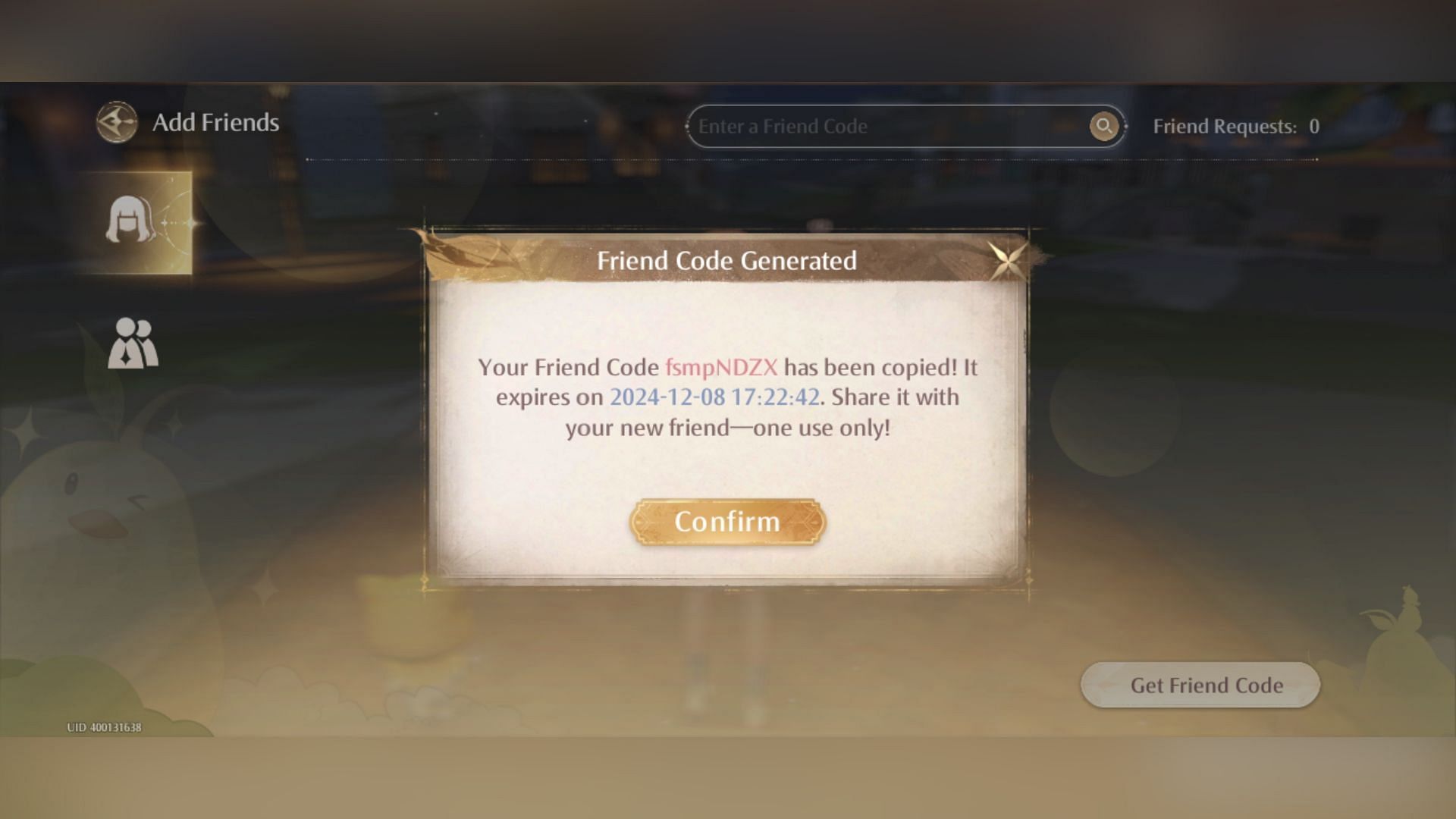 A generated one-time use friend code (Image via Infold Games)