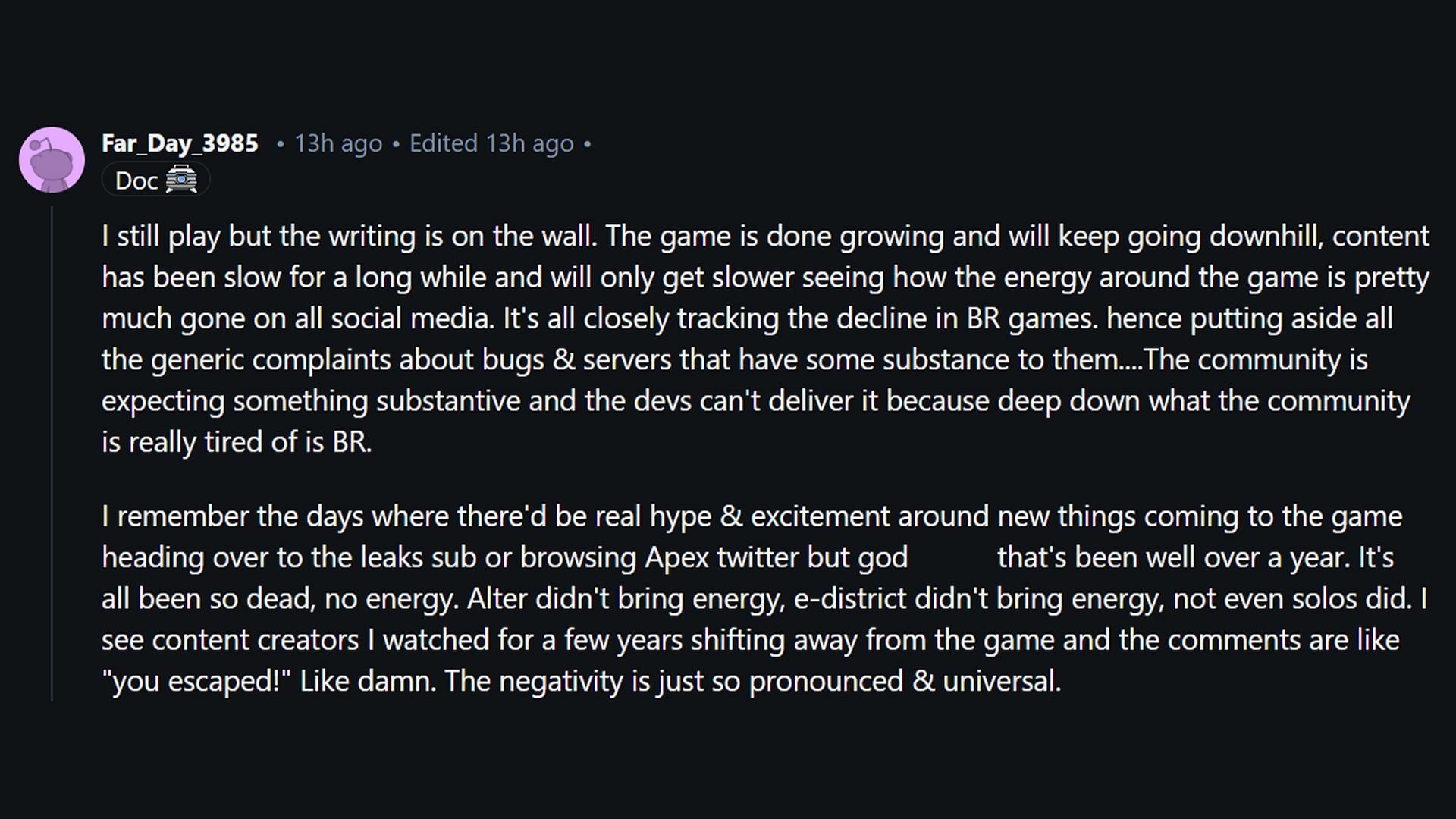 Redditor comments on declining battle royale trend and lack of content (Image via Reddit)