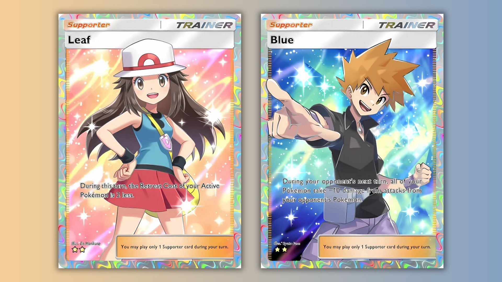 Blue and Leaf cards as seen in the game (Image via The Pokemon Company)