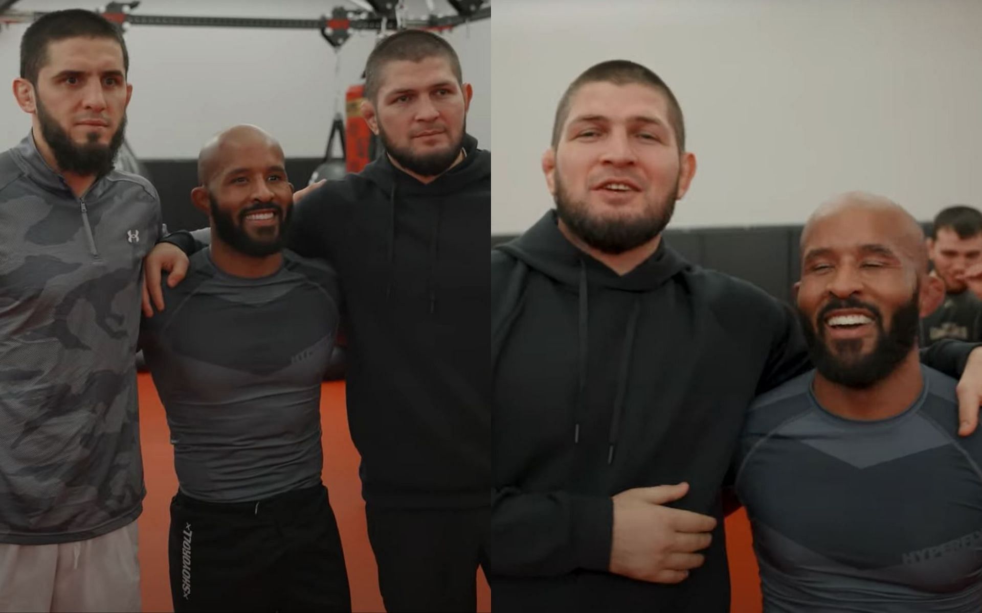 Demetrious Johson (left photo, middle) visited the team of Khabib Nurmagomedov (right photo, right). [Image credit: Demetrious Johnson