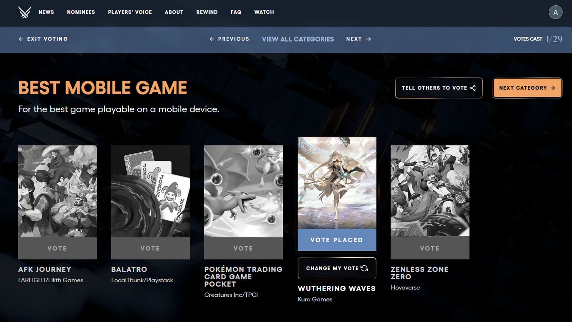 Vote for Wuthering Waves in the Best Mobile Game category (Image via The Game Awards)