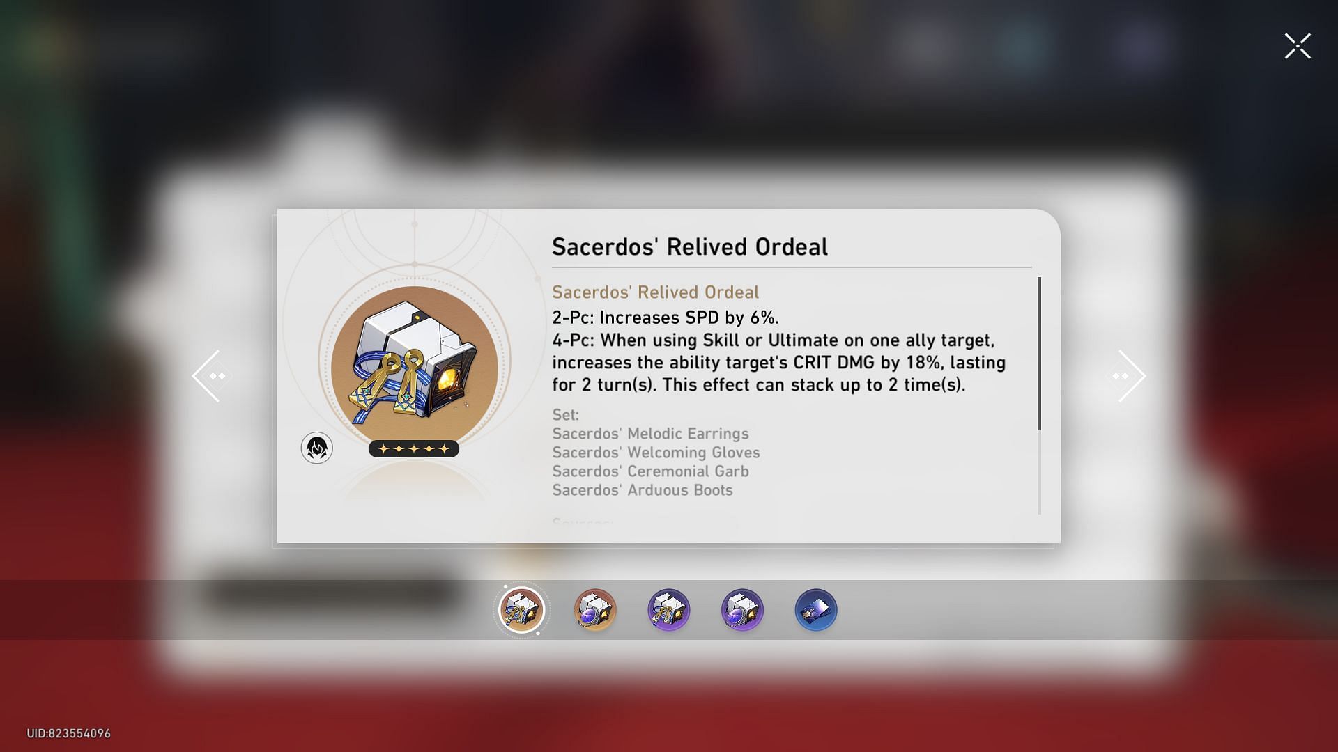 Sacerdos&rsquo; Relived Ordeal Relic set in Honkai Star Rail (Image via HoYoverse)