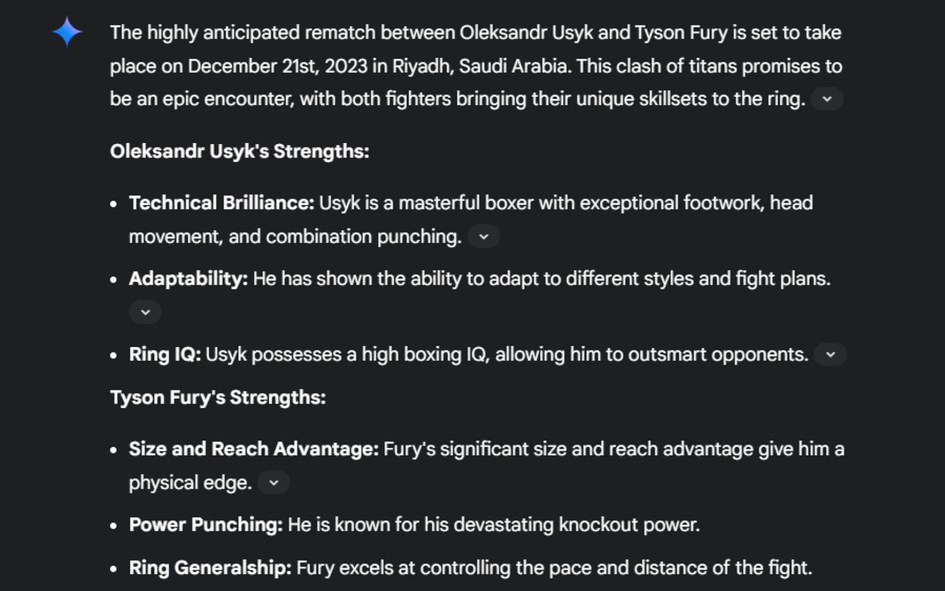 Screenshot of Google&#039;s AI prediction for Oleksandr Usyk vs. Tyson Fury 2